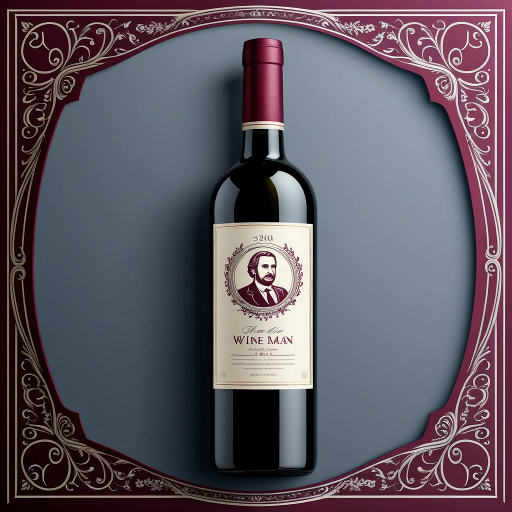 a modern graphic design, simple vector illustration, classic wine bottle label, a 30 years man  inside  a frame, detailed line,ceo