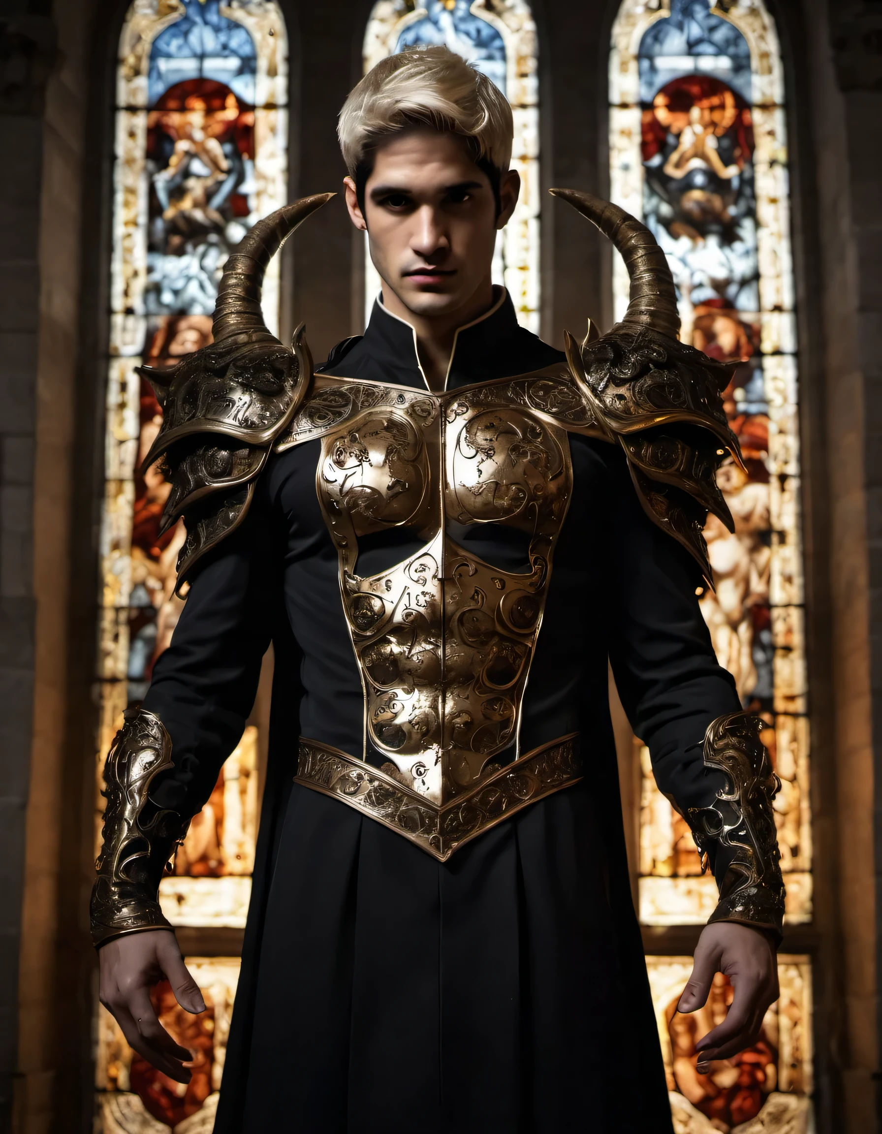 Make him scary looking. dark veins showing through pale skin, eyes like fire. Blond white roman man, in black and gold noble robe/suit and black handling digital art A Photograph capturing a surrealist vision: (mais alta qualidade: 1,3), rosto Tyler Posey + Adam, mystical beauty detailing face, with Lucifer's horn demon is cupid is beautiful as Eros erotic, villain look is cherubic is mischievous In Love Action photography, supermodelo bonito de 25 anos, the beautiful archangel with the demon's horn. the background is fire sparks. Roupas de padre estilo Michael, sexy vitorioso. A seductive expression on your face, he is surrounded by outstretched human skulls, stained glass windows inside the interior of a gothic church, fundo de luzes frias, detalhes intrincados, muscles, olhar para o espectador, perspective view, Ultra HD, 64 mil, irreal . (pele altamente detalhada), (rosto detalhado), fundo detalhado, dark lighting, twilight lighting, volumetric lighting, detalhes intrincados, Ultra HD rico