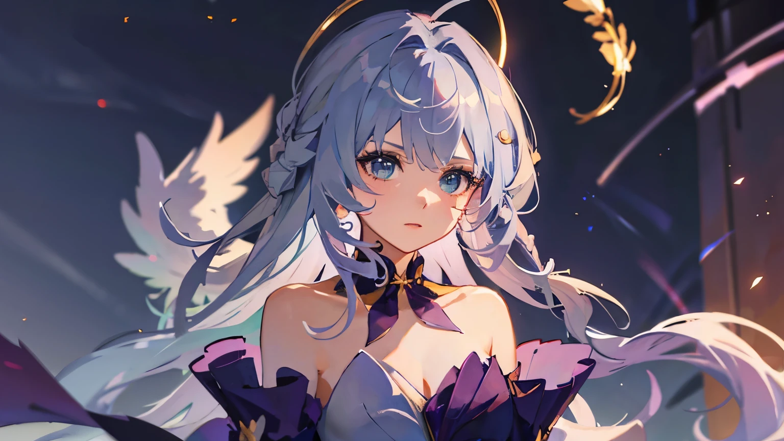 girl sings against the background of the night sky, her hair is scattered, she looks into the frame, small wings instead of ears
