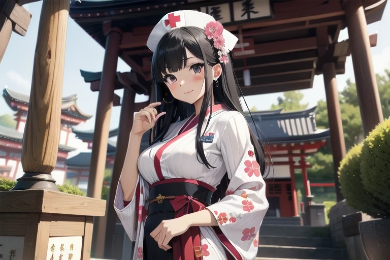 1girl, anime, black eyes, long black hair with square bangs, very long black hair, super long black hair, skirt and stockings, heels, black Japanese style kimono mixed with ribbed black sweater with red accents and sakura floral design, ((ribbed black sweater)) adult, (Japanese shrine/temple background), gamer, (((gamergirl))), kimono sleeves, garter, graceful, (((nurse outfit))), broom, happy headphones, (sakura floral design), herbal garden background, first aid kit, red cross