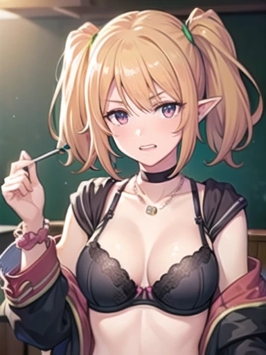 NSFW, ((black bra)),Underwear showing through the shirt,chloe,masterpiece, highest quality, super detailed, shine, shine光, ray tracing, Depth of the bounds written, (perfect face, detailed face, fine eyes,perfect hand :0.7),(8k),super realistic face,ray tracing,perfect lighting,highest quality, super detailed, shine目, (look at the audienceいる,smile:1.1), ((1 girl)), (mature woman:1.4), classroom,1 girl、solo、chest、look at the audience、blush、bangs、chloe(princess connect)、Upper body,st.Teresa's Girls Academy Uniform、pointy ears、twin tails、elf、blonde hair、tie、black coat、gray shirt、purple eyes、choker、手首のScrunchie、Scrunchie、pleated skirt、黒いchoker、red skirt、緑のtie、open clothes、hair between eyes、socks、thigh straps、loafers、,((super detailed背景)), mistress pose, ((8k wallpaper)) , smile, blush, outdoor, Day, blue sky, empty, look at the audienceいる, moody lighting, face-to-face audience,