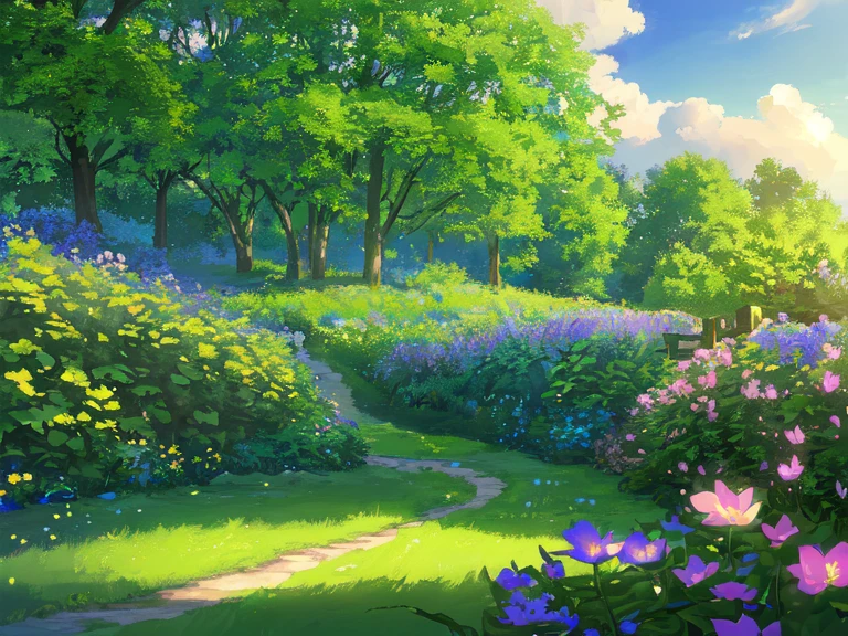 masterpiece, highest quality, (Highly detailed CG Unity 8K wallpaper) (highest quality), (best illustrations), (best shadow) garden,wood,trail,Lush green grassland,nature,delicate leaves、Flowers of different colors, blue sky and clouds,Super detailed--v6