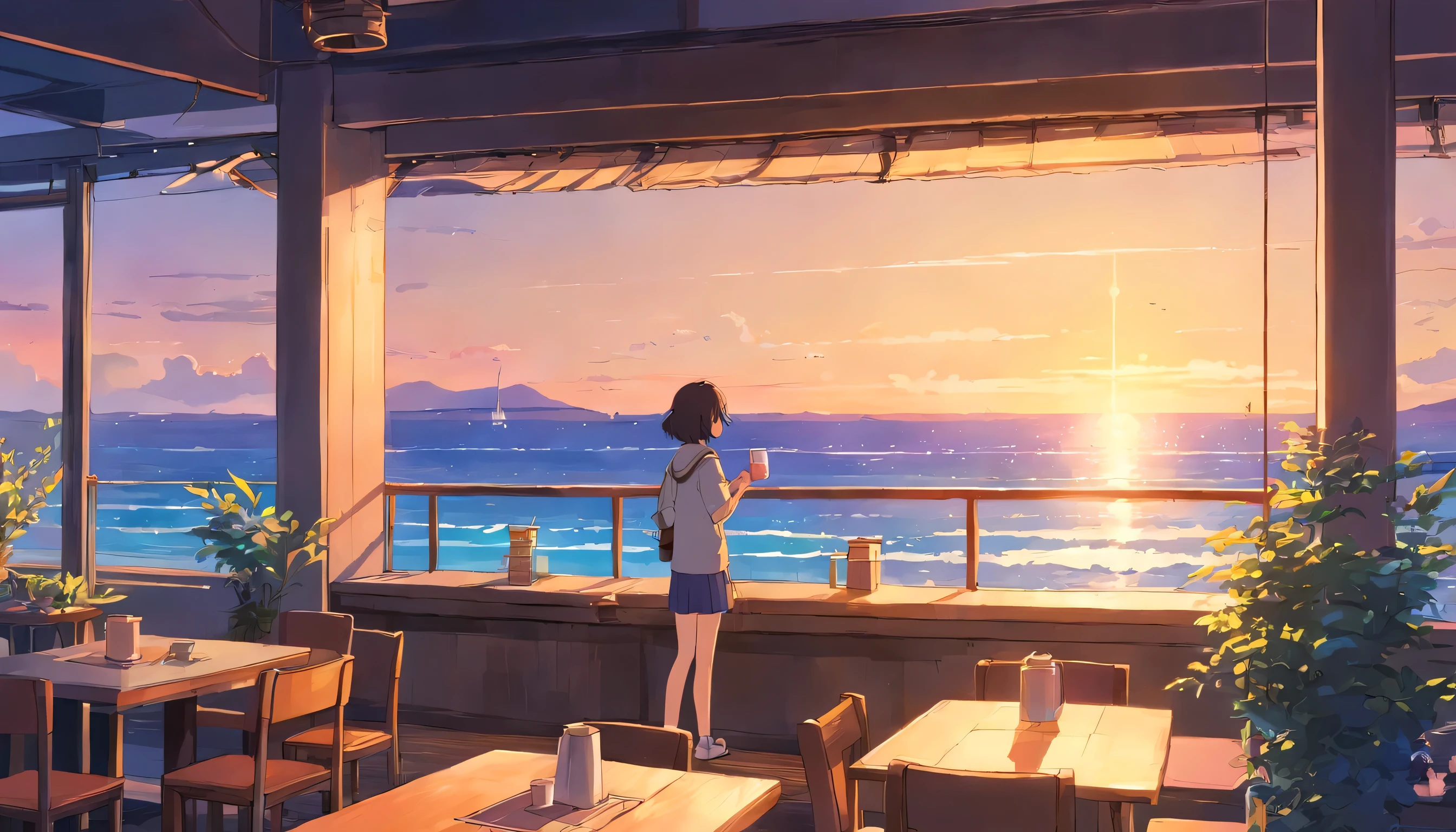 Back view of a European girl with medium long hair、Enjoy a coffee at a café,Watch the beautiful sunrise over the sea from the terrace.1 cup, Rear view of a person leaning on his elbows and looking at the sea,dream, please wear headphones, analog color theme, lo-fi hip hop , retrospective, flat, 2.5D ,Draw a line, ink painting, Osaka road, watercolor painting, gouache color, very colorful, outerton, Krautlock, Lofiato,old texture, amplitude,Psychedelic atmosphere, masterpiece, Technology of Wonders,Darken the room,Beautiful early morning seaside