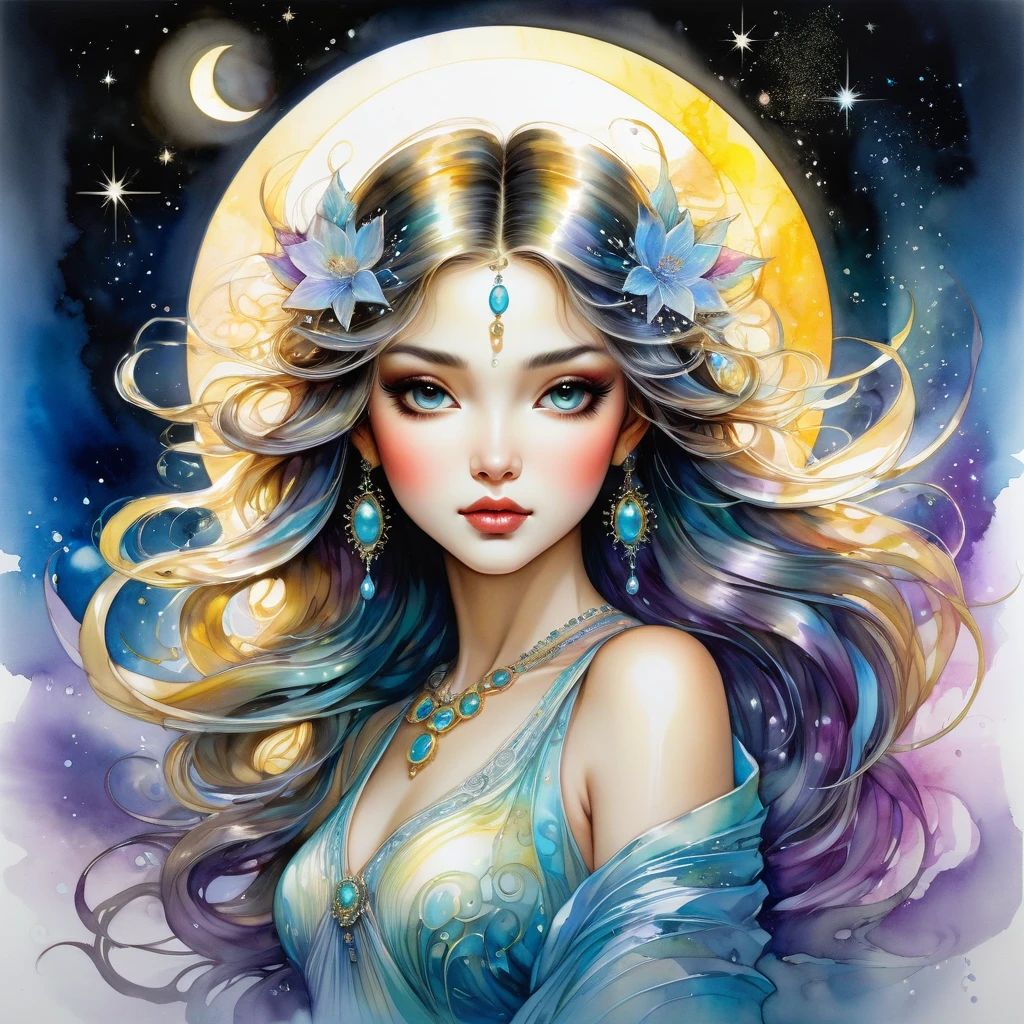 An awe-inspiring watercolor and ink masterpiece inspiring by Jasmine Becket-Griffith, featuring an enchanting, ethereal charming woman radiating celestial energy and holding a radiant moon in her hands. Extraordinarily well detailed, serene and caring face. The artwork is alive with pastel hues, rainbow colors, and a double exposure effect, creating a mesmerizing interplay of light and shadow. Golden rays emanate from the central radiant light, casting a soft glow and a mysterious aura around the subject. Drawing inspiration from the styles of Yoji Shinkawa and Greg Rutkowski, this piece showcases delicate brushstrokes, vivid light effects, and an intricate interplay of dark fantasy elements. The HDR 8K, SSAO, and high-definition rendering enhance the vibrant colors and intricate details, making this illustration truly out of this world, fashionable, and immersive. Golden ratio in the proportions