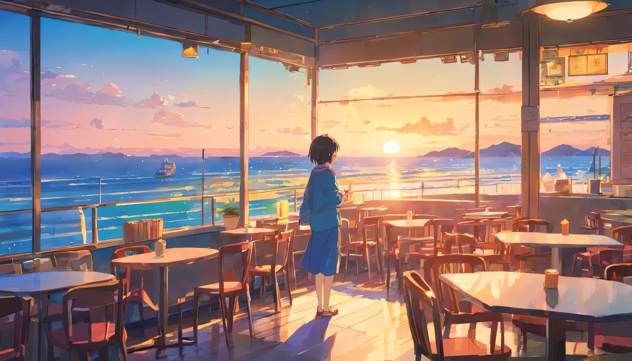 Back view of a European girl with medium long hair、Enjoy a coffee at a café，Watch the beautiful sunrise over the sea from the terrace.1 cup， Rear view of a person leaning on his elbows and looking at the sea，dream, please wear headphones, analog color theme, lo-fi hip hop , retrospective, flat, 2.5D ,Draw a line, ink painting, Osaka road, watercolor painting, gouache color, very colorful, outerton, Krautlock, Lofiato,old texture, amplitude,Psychedelic atmosphere, masterpiece, Technology of Wonders，Darken the room，Beautiful early morning seaside