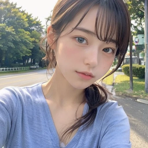 japanese woman、１８age、no makeup、morning、roadside、Selfie style、Upper body projection