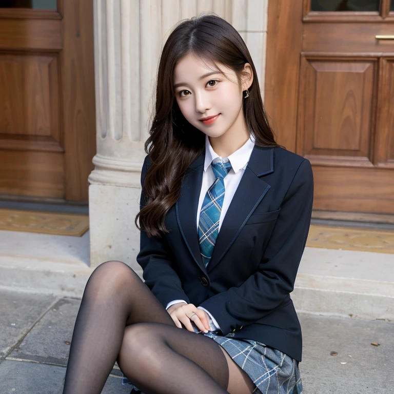 (8K), (highest quality: 1.2), (realistic), (realistic: 1.37), ultra high resolution, (1 girl), cute, smile, closed mouth, beautiful details, beautiful nose, wet hair, giant dulcefo, pork, thighs,self snap,University Student Uniform,simple blazer,pleated skirt,(The pattern of the skirt and tie is a tartan check pattern...:1.3),(sitting:1), sit on the ground,(hugging own legs:1),opaque tights,from the front