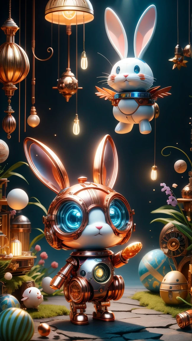 Pixar style, (Blind box toy style:1.2), Cute mechanical rabbit wearing clothes，透明发Light，霓虹灯Light，High precision mechanical parts，Its body is composed of fine copper and silver components.，眼睛像两颗发Light的宝石，Clean, White background, (global illumination, Light线追踪, high dynamic range, Unreal rendering, Reasonable design, high detail, masterpiece, best quality, ultra high definition, Light)，chibi, 3d