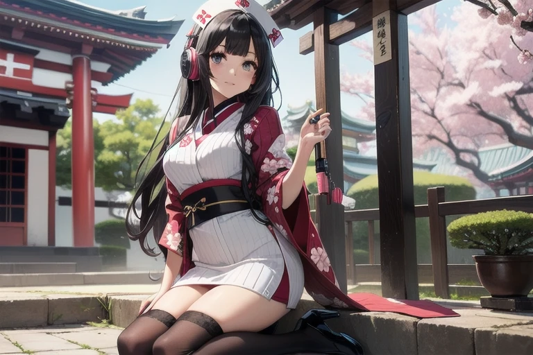 1girl, anime, black eyes, long black hair with square bangs, very long black hair, super long black hair, skirt and stockings, heels, black Japanese style kimono mixed with ribbed black sweater with red accents and sakura floral design, ((ribbed black sweater)) adult, (Japanese shrine/temple background), gamer, (((gamergirl))), kimono sleeves, garter, graceful, (((nurse outfit))), broom, happy headphones, (sakura floral design), herbal garden background, first aid kit, red cross, pin-up magazine cover