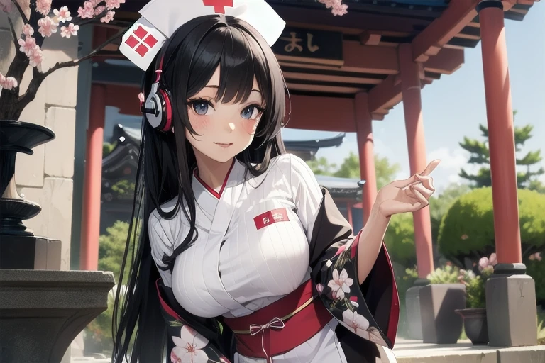 1girl, anime, black eyes, long black hair with square bangs, very long black hair, super long black hair, skirt and stockings, heels, black Japanese style kimono mixed with ribbed black sweater with red accents and sakura floral design, ((ribbed black sweater)) adult, (Japanese shrine/temple background), gamer, (((gamergirl))), kimono sleeves, garter, graceful, (((nurse outfit))), broom, happy headphones, (sakura floral design), herbal garden background, first aid kit, red cross, pin-up magazine cover