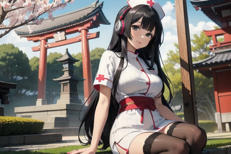 1girl, anime, black eyes, long black hair with square bangs, very long black hair, super long black hair, skirt and stockings, heels, black Japanese style kimono mixed with ribbed black sweater with red accents and sakura floral design, ((ribbed black sweater)) adult, (Japanese shrine/temple background), gamer, (((gamergirl))), kimono sleeves, garter, graceful, (((nurse outfit))), broom, happy headphones, (sakura floral design), herbal garden background, first aid kit, red cross, pin-up magazine cover