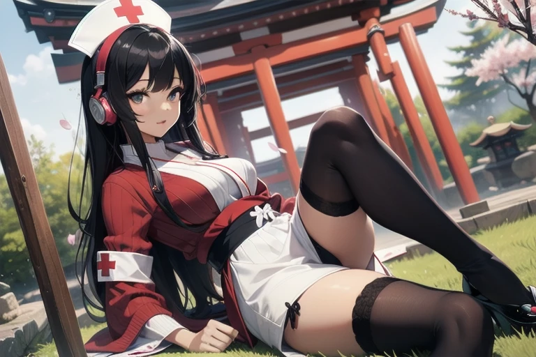 1girl, anime, black eyes, long black hair with square bangs, very long black hair, super long black hair, skirt and stockings, heels, black Japanese style kimono mixed with ribbed black sweater with red accents and sakura floral design, ((ribbed black sweater)) adult, (Japanese shrine/temple background), gamer, (((gamergirl))), kimono sleeves, garter, graceful, (((nurse outfit))), broom, happy headphones, (sakura floral design), herbal garden background, first aid kit, red cross, pin-up magazine cover