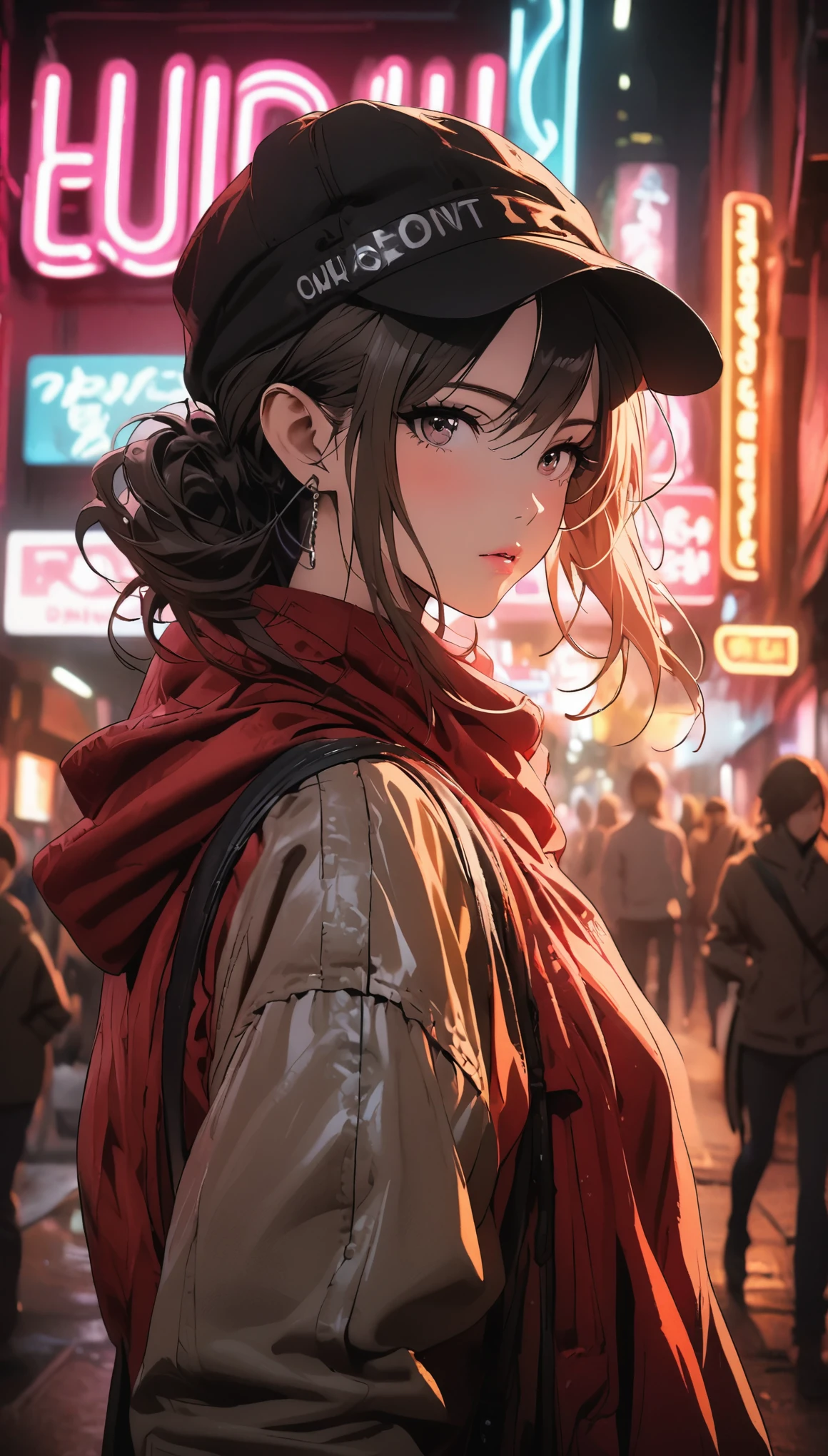 A woman in a hat and scarf standing in a crowded street - SeaArt AI