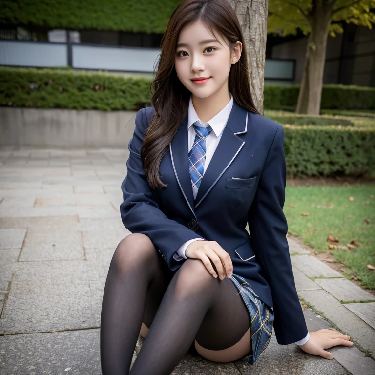 (8K), (highest quality: 1.2), (realistic), (realistic: 1.37), ultra high resolution, (1 girl), cute, smile, closed mouth, beautiful details, beautiful nose, wet hair, giant dulcefo, pork, thighs，self snap,University Student Uniform,simple blazer,pleated skirt,(The pattern of the skirt and tie is a tartan check pattern...:1.3),(sitting:1), sit on the ground,(hugging own legs:1),opaque tights,from the front