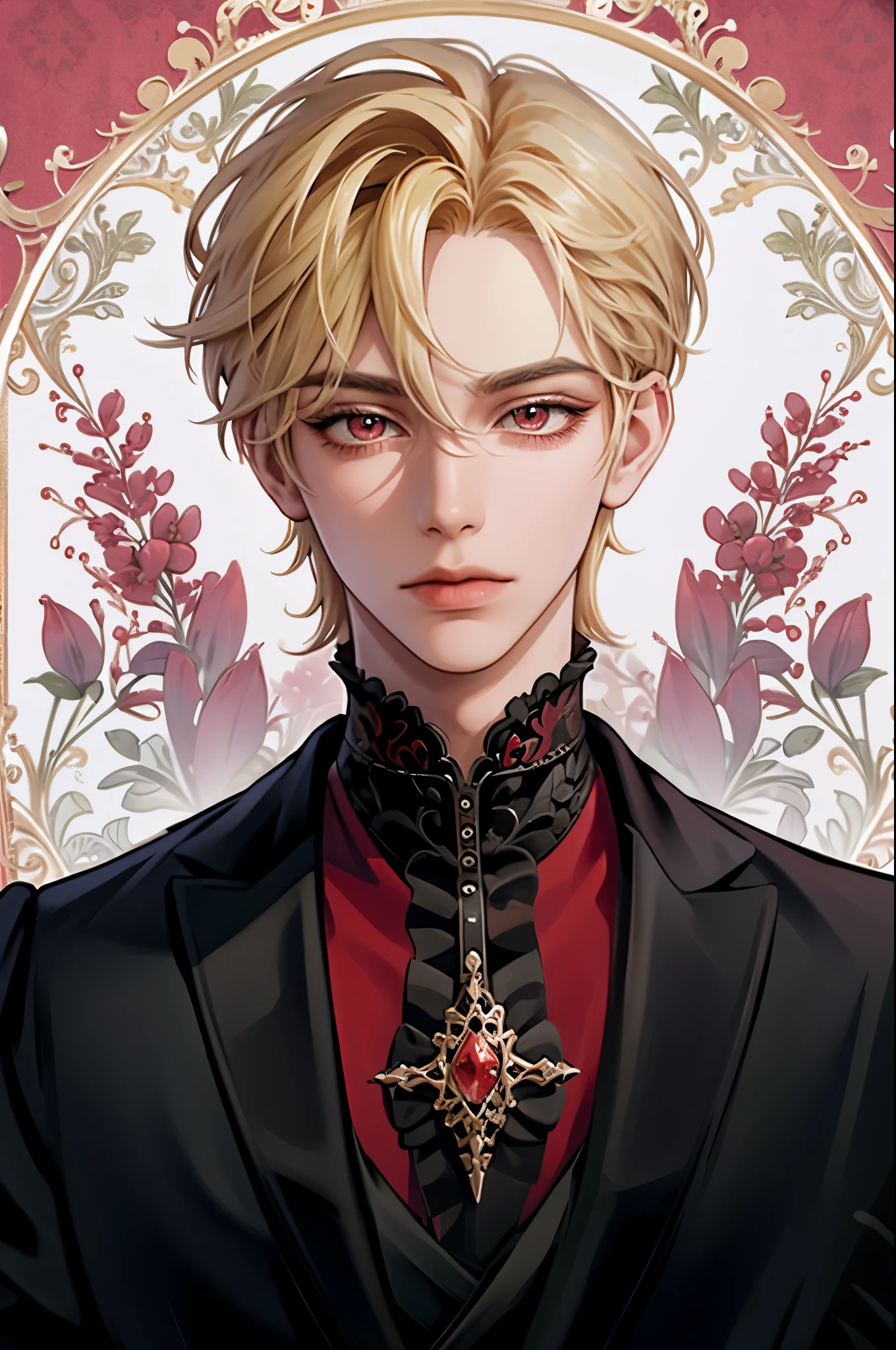 masterpiece, best quality, 1man, adult, male focus, solo, blonde hair, vibrant red eyes, looking at viewer, closed mouth, cantarella, Fantasy aesthetics, Highly detailed, casual style, Victorian background 