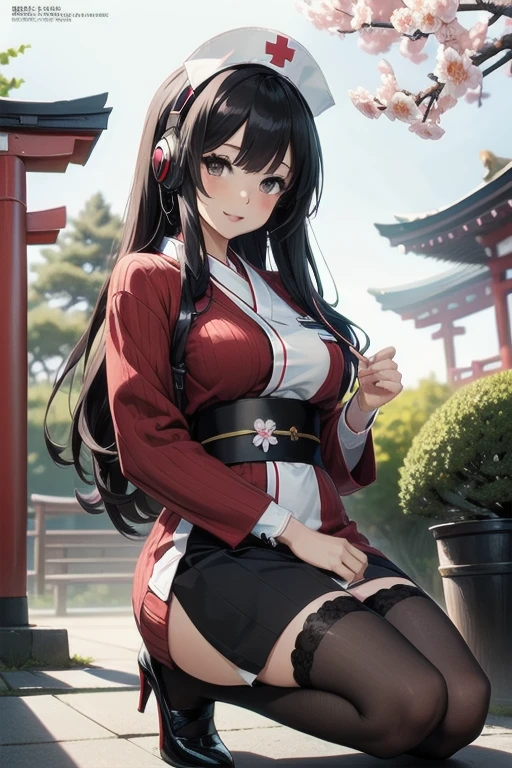 1girl, anime, black eyes, long black hair with square bangs, very long black hair, super long black hair, skirt and stockings, heels, black Japanese style kimono mixed with ribbed black sweater with red accents and sakura floral design, ((ribbed black sweater)) adult, (Japanese shrine/temple background), gamer, (((gamergirl))), kimono sleeves, garter, graceful, (((nurse outfit))), broom, happy headphones, (sakura floral design), herbal garden background, first aid kit, red cross, pin-up magazine cover