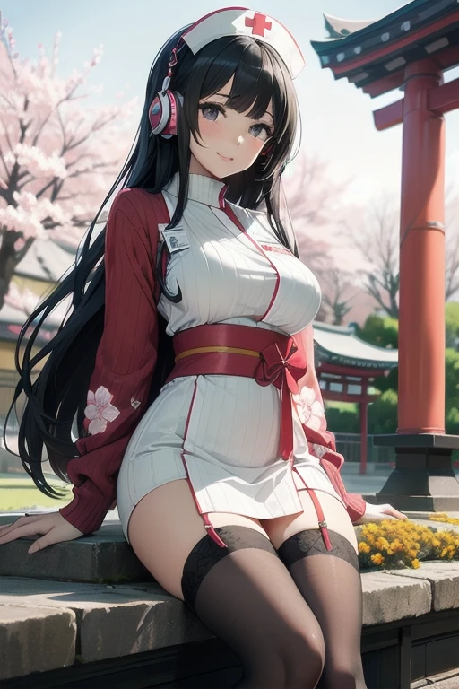 1girl, anime, black eyes, long black hair with square bangs, very long black hair, super long black hair, skirt and stockings, heels, black Japanese style kimono mixed with ribbed black sweater with red accents and sakura floral design, ((ribbed black sweater)) adult, (Japanese shrine/temple background), gamer, (((gamergirl))), kimono sleeves, garter, graceful, (((nurse outfit))), broom, happy headphones, (sakura floral design), herbal garden background, first aid kit, red cross, pin-up magazine cover