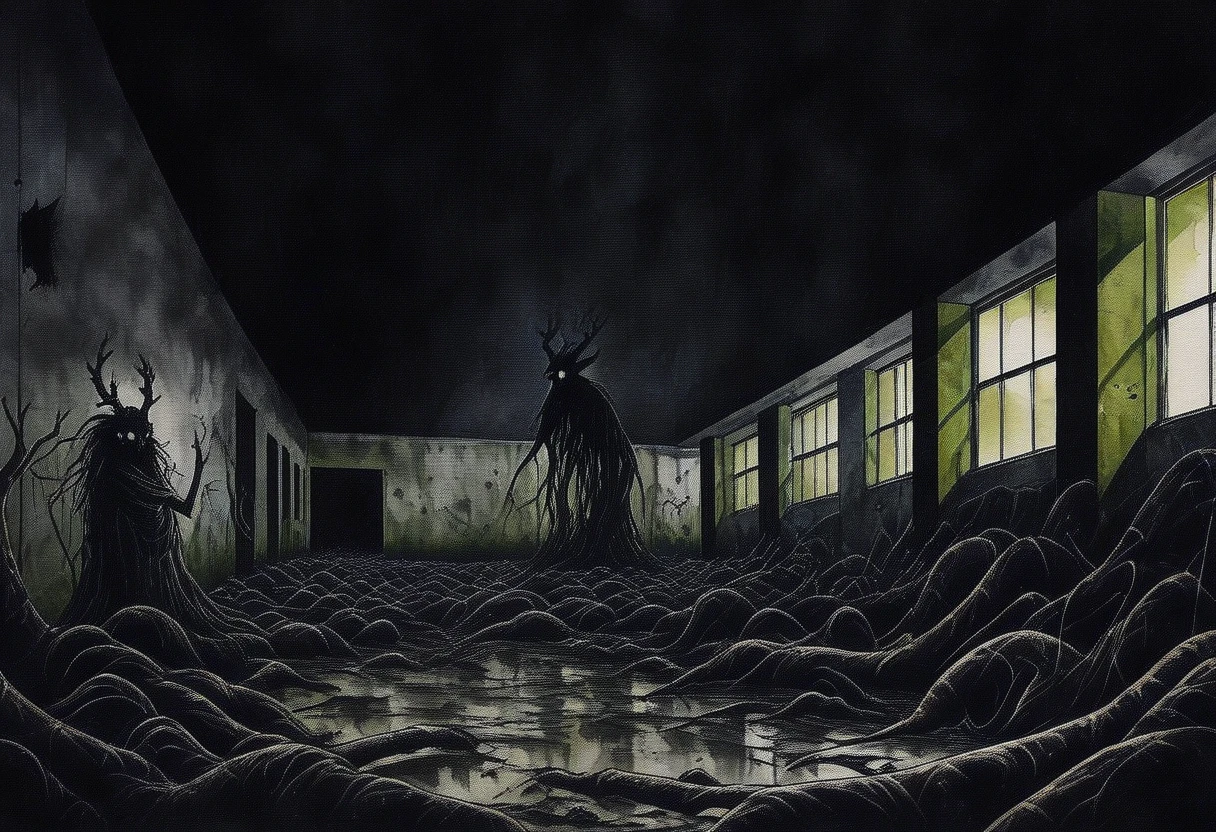 darkness, no visibility, lone Wendigo, shopping at abandoned shopping mall, dead mall, anthropomorphic deer spirit body bones and roots, gnarled crown of horns, Splash panel illustration art style Sean Gordon Murphy, ink blot, watercolor, entropy rewilding, insatiable consumer, bleak composition, cursed haunted spirit photography), too real, harsh, intense, overwhelming dread, unnatural, minimal, liminal, abandoned, alone, no light source, darkness, only visibility comes from the shades of darkness, rich color grading for depth and shading, expansive vast open dilapidated areas for profound isolation loneliness, dark color palette, nighttime, abyss, void,

