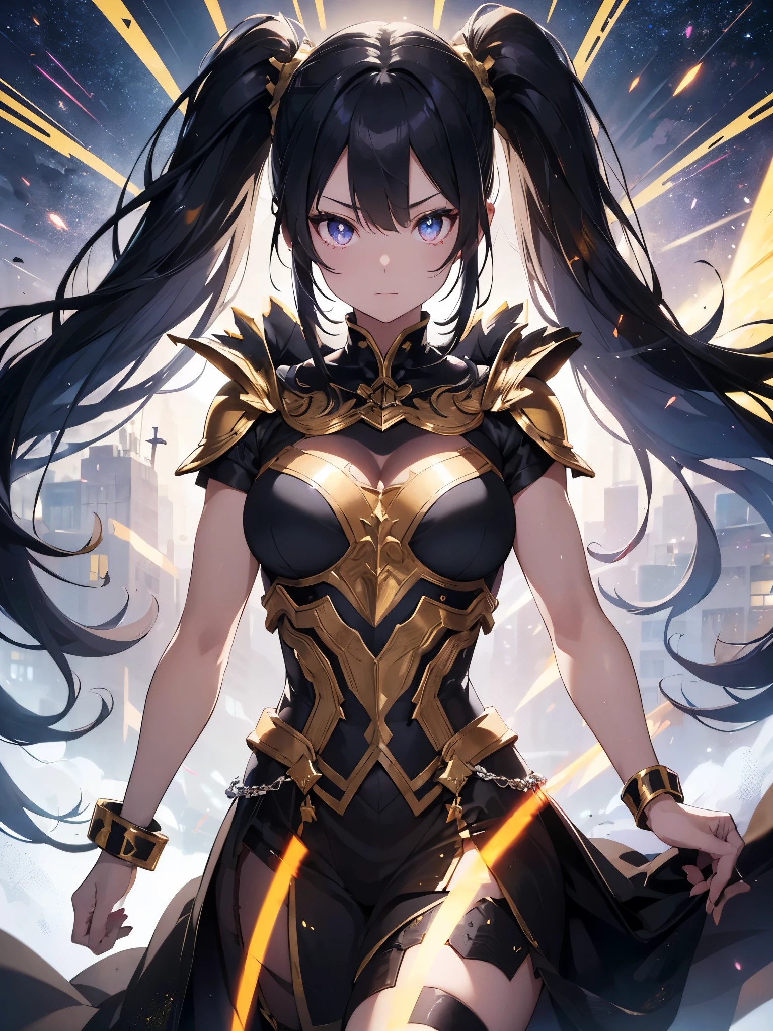 a mature woman, a china woman, Confident, mighty and strong, (black blue hair streaked sky blue luminous hair), ((Extra long high ponytail with single side ear front hair combed in back)), floating hair, hair strand, shiny hair, blue amber eyes, pupils sparkling, aqua eyes, glowing eyes, pupils sparkling, upturned eyes, long upper eyelashes, double eyelids, deep red purple lips, white crystal earrings, a slight smile, (((Glowing clothing effect))), (Silver full body heavy armor), (super high exquisite black and gold twin color pattern on silver armor:1.6), ((The left forearm is surrounded by fire)), ((The right forearm is surrounded by lightning)), (A huge upright magic ring of fire and thunder appears behind the shoulder:1.4), She is a war goddess, Random pose, Random expressions, Random background, White light surrounding the body, god rays, anime, full_body, Wide-Angle, UHD, masterpiece, award winning, 8k, super detail, best quality, retina, ccurate, super textured skin, super detail face, perfect face, Super fine facial details, beautiful and delicate eyes, perfect eyes, anatomically correct, correct limbs, correct finger, super detail finger, best hair quality, best clothing quality, best prop quality, best totem detail and quality, complex totem detail