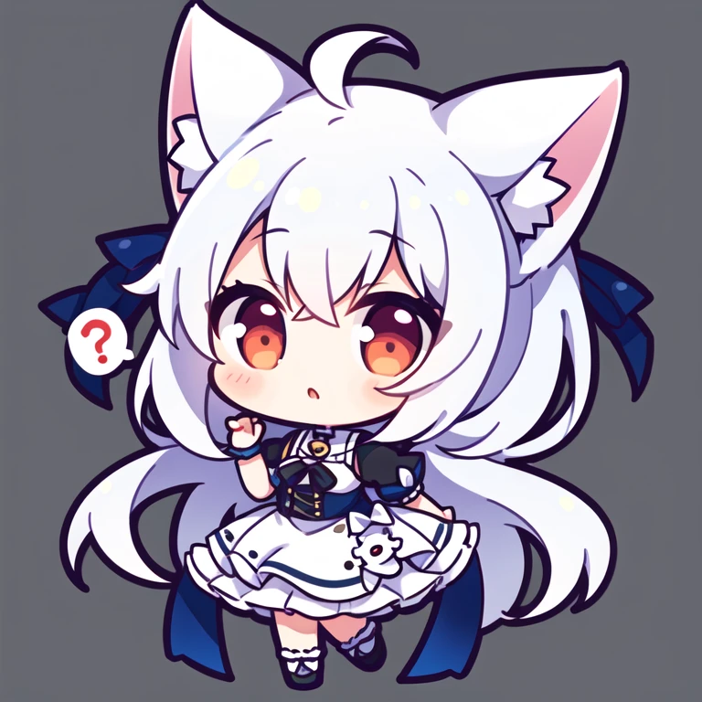 1girl, chibi, spoken question mark, white cat ears, white hair, white , red eyes