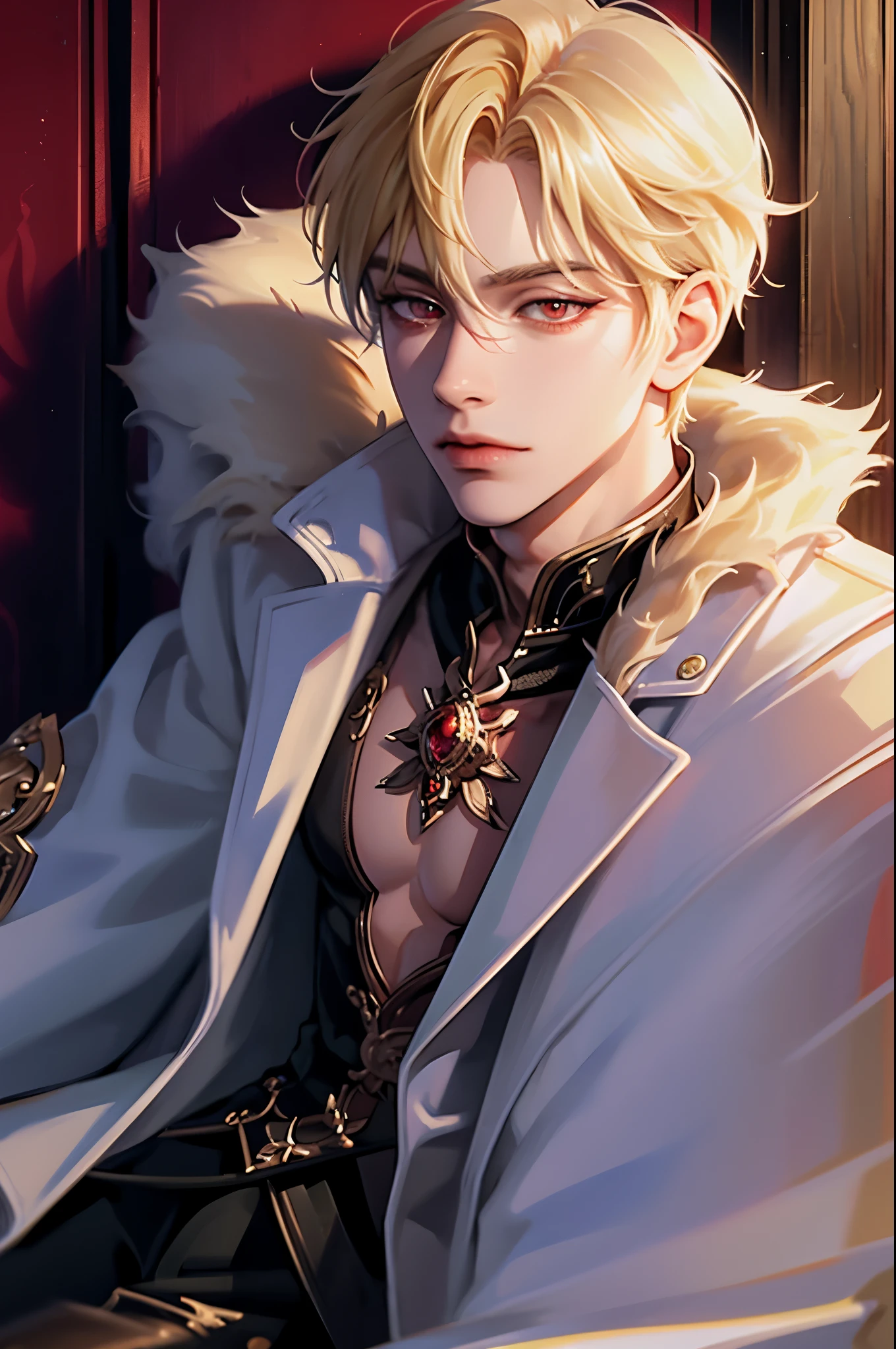 masterpiece, best quality, 1man, adult, male focus, solo, blonde hair, vibrant red eyes, looking at viewer, closed mouth, fur, Fantasy aesthetics, Highly detailed, shadowverse style, white leather coat