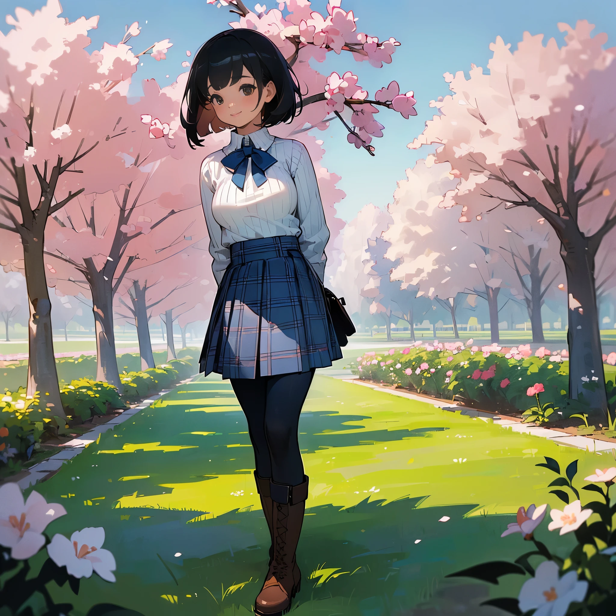 (high quality, High resolution, Super detailed, reality:1.37), peaceful atmosphere, (outdoor, garden ,Cherry tree), teenage girl standing alone, (my breasts are big.), Beautiful detail features, cute smile, (black bob hair), ribbed sweater, blue plaid skirt, black tights, brown boots.