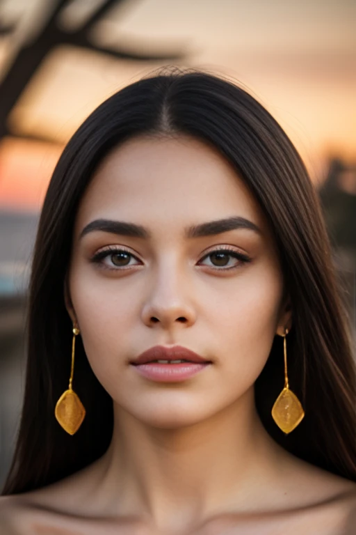 Ultra realistic full body beautiful nude Italian model full body almond eyes plush lips symmetrical face long black hair beautiful body gold earrings full eyebrows long eyelashes serene welcoming look looking at camera during golden hour, highest quality, master piece, realistic, High resolution, 8K RAW photo, alone, full nude body


