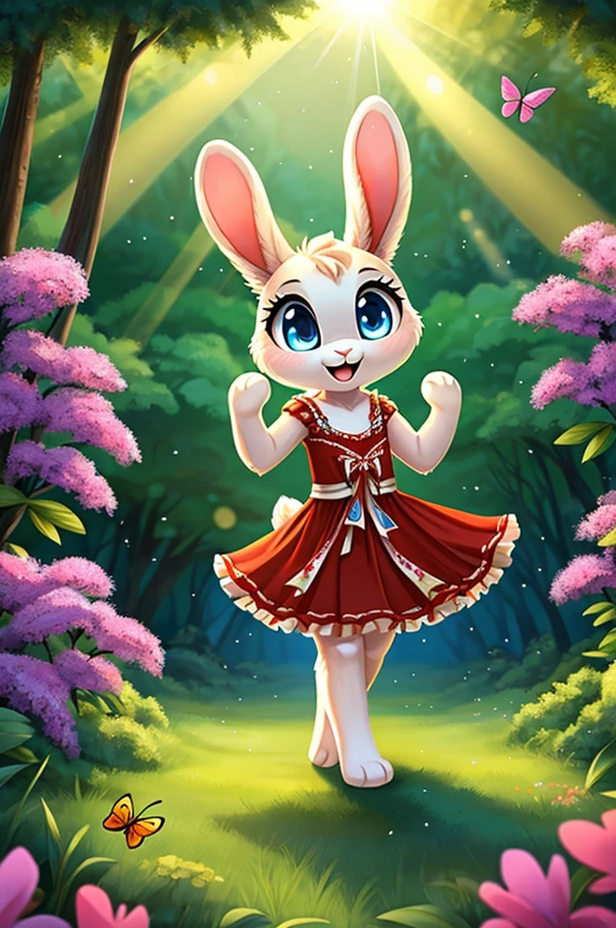 zoomed out image, ((solo character)), cute style art, fantasy style art, cute, adorable, short character, small, tiny little fluffy female white bunny with blue eyes, 4 ears, 2 extra ears, big floppy ears, long ears, ears perked up, raised ears, long eyelashes, poofy rabbit tail, wearing a red frilly ribbon dress, smiling, standing in a thick green forest, realistic forest, soft tones, big expressive smile, open mouth, wide eyes, excited eyes, excited face, looking at the scenery, looking at the trees in wonder, exploring happily, stunning visuals, sunlight coming through the trees, flowers scattered in the bushes, butterflies in the air, digital illustration
