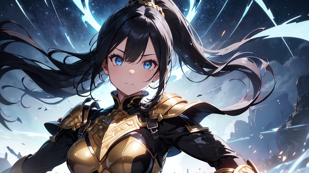 a mature woman, a china woman, Confident, mighty and strong, (black blue hair streaked sky blue luminous hair), ((Extra long high ponytail with single side ear front hair combed in back)), floating hair, hair strand, shiny hair, blue amber eyes, pupils sparkling, aqua eyes, glowing eyes, pupils sparkling, upturned eyes, long upper eyelashes, double eyelids, deep red purple lips, white crystal earrings, a slight smile, (((Glowing clothing effect))), (Silver full body heavy armor), (super high exquisite black and gold twin color pattern on silver armor:1.6), ((The left forearm is surrounded by fire)), ((The right forearm is surrounded by lightning)), (A huge upright magic ring of fire and thunder appears behind the shoulder:1.4), She is a war goddess, Random pose, Random expressions, Random background, White light surrounding the body, god rays, anime, full_body, Wide-Angle, UHD, masterpiece, award winning, 8k, super detail, best quality, retina, ccurate, super textured skin, super detail face, perfect face, Super fine facial details, beautiful and delicate eyes, perfect eyes, anatomically correct, correct limbs, correct finger, super detail finger, best hair quality, best clothing quality, best prop quality, best totem detail and quality, complex totem detail