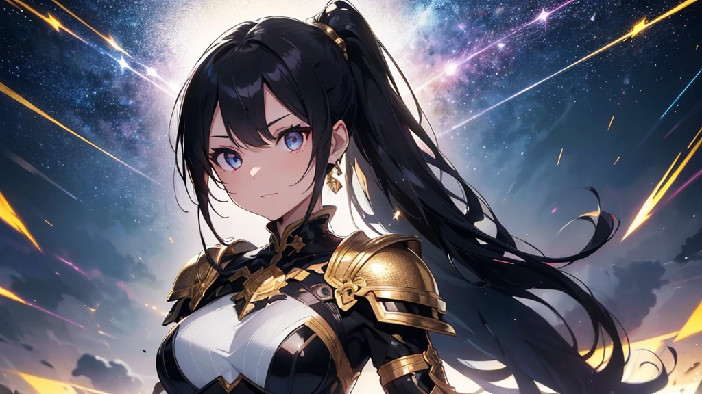 a mature woman, a china woman, Confident, mighty and strong, (black blue hair streaked sky blue luminous hair), ((Extra long high ponytail with single side ear front hair combed in back)), floating hair, hair strand, shiny hair, blue amber eyes, pupils sparkling, aqua eyes, glowing eyes, pupils sparkling, upturned eyes, long upper eyelashes, double eyelids, deep red purple lips, white crystal earrings, a slight smile, (((Glowing clothing effect))), (Silver full body heavy armor), (super high exquisite black and gold twin color pattern on silver armor:1.6), ((The left forearm is surrounded by fire)), ((The right forearm is surrounded by lightning)), (A huge upright magic ring of fire and thunder appears behind the shoulder:1.4), She is a war goddess, Random pose, Random expressions, Random background, White light surrounding the body, god rays, anime, full_body, Wide-Angle, UHD, masterpiece, award winning, 8k, super detail, best quality, retina, ccurate, super textured skin, super detail face, perfect face, Super fine facial details, beautiful and delicate eyes, perfect eyes, anatomically correct, correct limbs, correct finger, super detail finger, best hair quality, best clothing quality, best prop quality, best totem detail and quality, complex totem detail