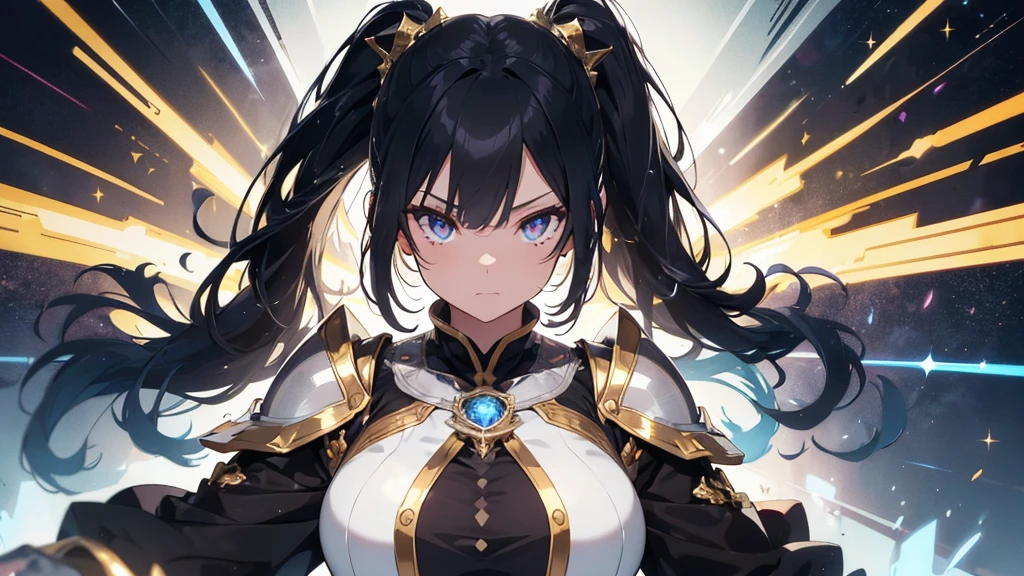 a mature woman, a china woman, Confident, mighty and strong, (black blue hair streaked sky blue luminous hair), ((Extra long high ponytail with single side ear front hair combed in back)), floating hair, hair strand, shiny hair, blue amber eyes, pupils sparkling, aqua eyes, glowing eyes, pupils sparkling, upturned eyes, long upper eyelashes, double eyelids, deep red purple lips, white crystal earrings, a slight smile, (((Glowing clothing effect))), (Silver full body heavy armor), (super high exquisite black and gold twin color pattern on silver armor:1.6), ((The left forearm is surrounded by fire)), ((The right forearm is surrounded by lightning)), (A huge upright magic ring of fire and thunder appears behind the shoulder:1.4), She is a war goddess, Random pose, Random expressions, Random background, White light surrounding the body, god rays, anime, full_body, Wide-Angle, UHD, masterpiece, award winning, 8k, super detail, best quality, retina, ccurate, super textured skin, super detail face, perfect face, Super fine facial details, beautiful and delicate eyes, perfect eyes, anatomically correct, correct limbs, correct finger, super detail finger, best hair quality, best clothing quality, best prop quality, best totem detail and quality, complex totem detail
