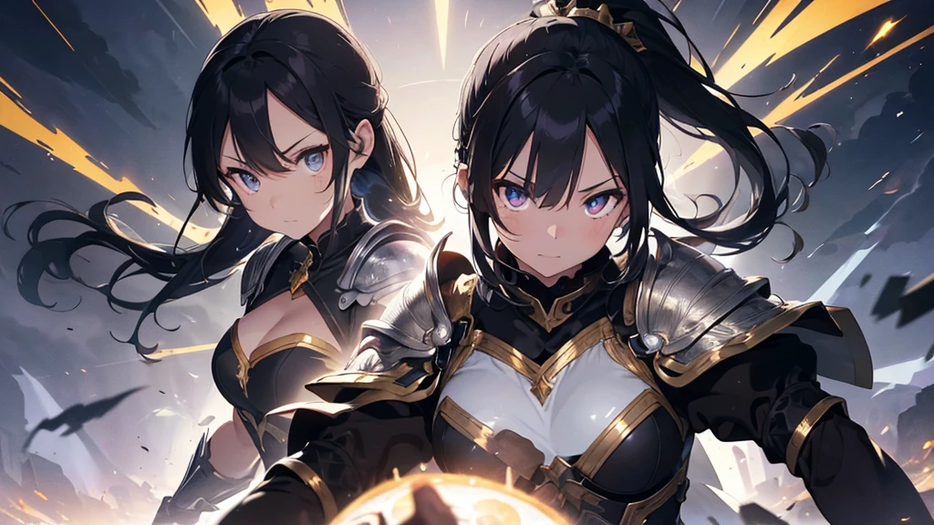 a mature woman, a china woman, Confident, mighty and strong, (black blue hair streaked sky blue luminous hair), ((Extra long high ponytail with single side ear front hair combed in back)), floating hair, hair strand, shiny hair, blue amber eyes, pupils sparkling, aqua eyes, glowing eyes, pupils sparkling, upturned eyes, long upper eyelashes, double eyelids, deep red purple lips, white crystal earrings, a slight smile, (((Glowing clothing effect))), (Silver full body heavy armor), (super high exquisite black and gold twin color pattern on silver armor:1.6), ((The left forearm is surrounded by fire)), ((The right forearm is surrounded by lightning)), (A huge upright magic ring of fire and thunder appears behind the shoulder:1.4), She is a war goddess, Random pose, Random expressions, Random background, White light surrounding the body, god rays, anime, full_body, Wide-Angle, UHD, masterpiece, award winning, 8k, super detail, best quality, retina, ccurate, super textured skin, super detail face, perfect face, Super fine facial details, beautiful and delicate eyes, perfect eyes, anatomically correct, correct limbs, correct finger, super detail finger, best hair quality, best clothing quality, best prop quality, best totem detail and quality, complex totem detail