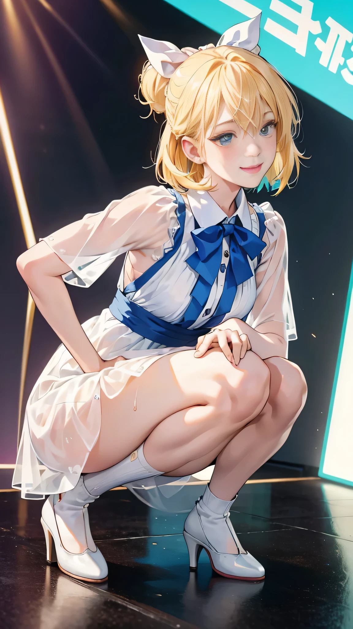 (RAW photo:1.2, photorealistic:1.3), masterpiece:1.4, best quality:1.3, Highest details:1.3, beautiful and aesthetic, extremely detailed CG unity 8k wallpaper,( vibrant colors:1.1), high resolution, see-through white short dress and a bow tie, anime visual of a cute girl, official character art, anime girl, official art, single character full body, anime full body illustration, full body portrait of a short!, female anime character, as an anime character, a-1 pictures, full body with costume, rei hiroe, anime best girl, blond bob hair, on the stage, dynamic pose, squatting, smile, full of sweaty, (peeing:1.5),