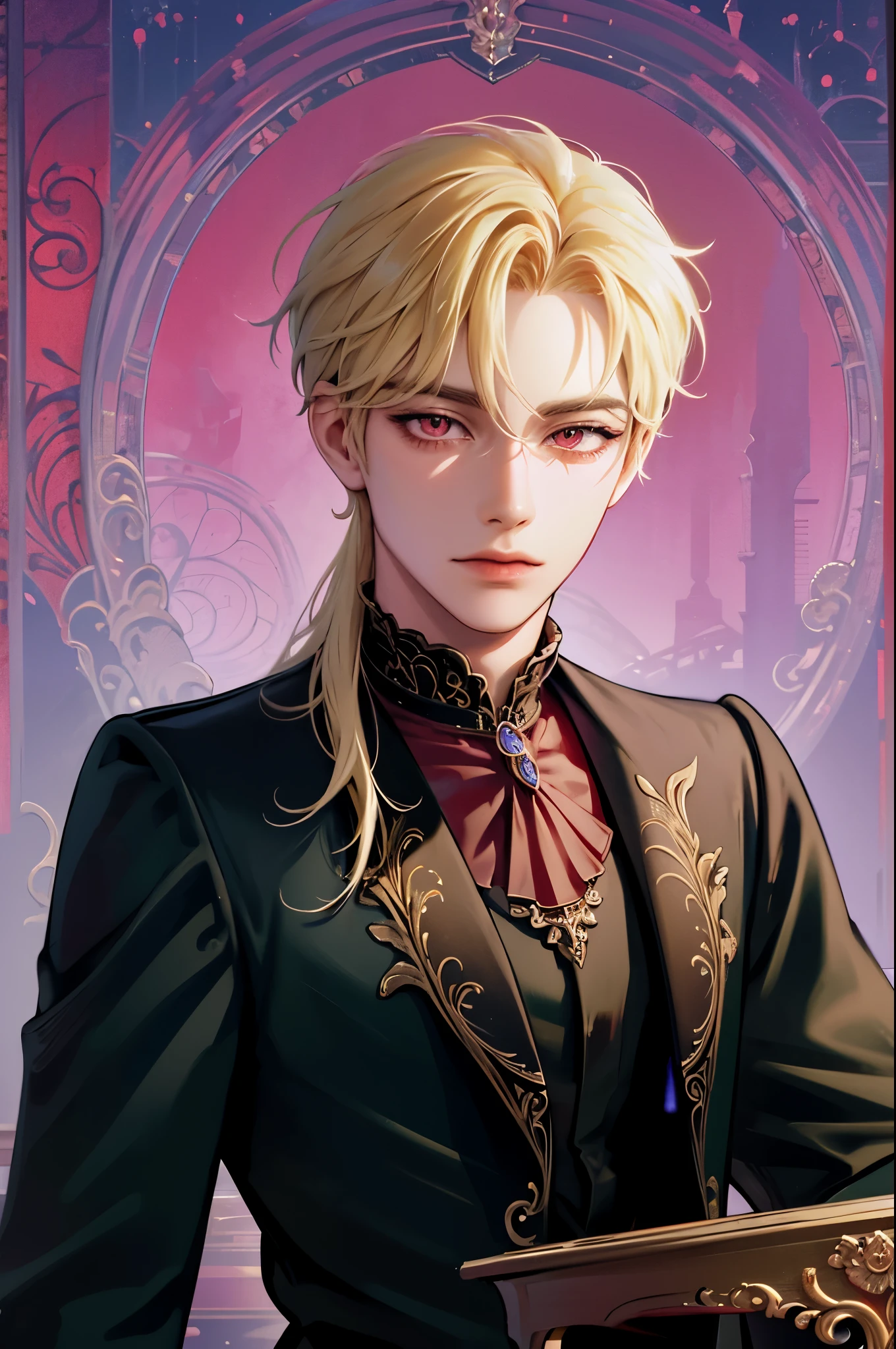 masterpiece, best quality, 1man, adult, male focus, solo, blonde hair, vibrant red eyes, looking at viewer, closed mouth, cantarella, Fantasy aesthetics, Highly detailed, casual style, Victorian mansion background 