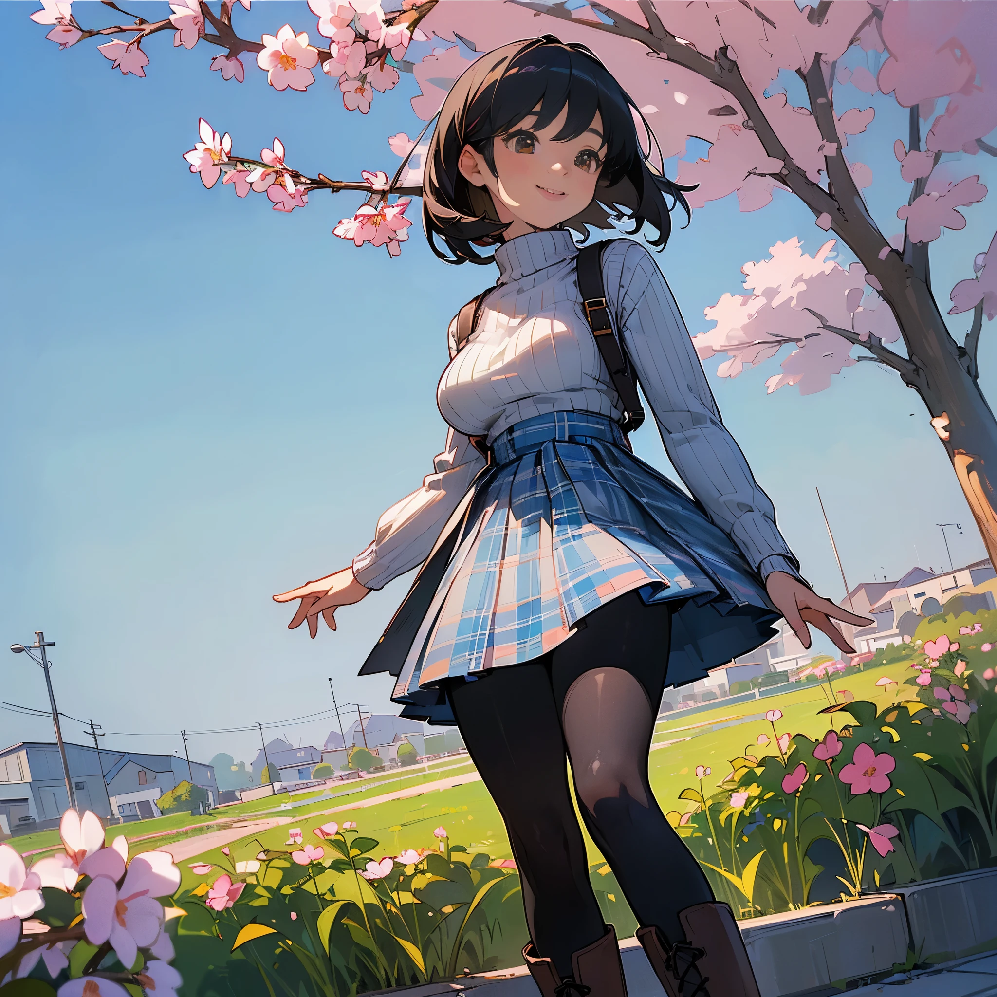 (high quality, High resolution, Super detailed, reality:1.37), peaceful atmosphere, (outdoor, garden ,Cherry tree), teenage girl standing alone, (my breasts are big.), Beautiful detail features, cute smile, (black bob hair), ribbed sweater, blue plaid skirt, black tights, brown boots.