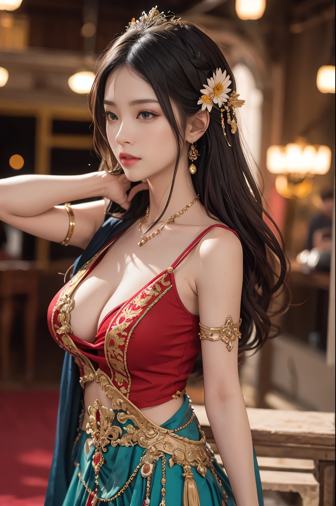 best quailty，​masterpiece，((Ultra-detailed high resolution))，（realistic pubic hair：1.4），OriginalPhoto，，illustratio，1girl huge large breasts，handheld weapon，（Solo exhibition：1.2），（cowboy lens：1.2），（Hair crown：1.2），Traditional costumes of Dunhuang, China，No shoulder strap，（Red eyeliner：1.2），（Black eyes：1.4），耳Nipple Ring，Dynamic angle，opera house，messy_long_hair，ink，movie lighting，lens_flare，velvet，chrysanthemums，tassels，ribbons，color embroidery，Upper body body，facing at camera，dynamicpose，Large，Embroidered cloth shoes