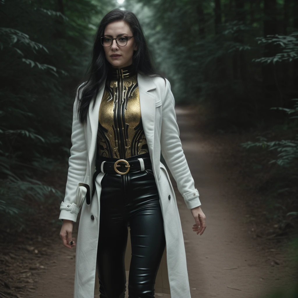 Best_QualityPos, RAW photo, intricate details, best quality, 8k uhd, soft lighting, 1girl, solo, black hair, long hair, Glasses, white coat, green shirt, black pants, brown belt with gold buckle, black boots, Blue eyes, forest