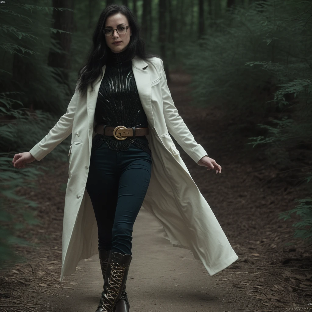 Best_QualityPos, RAW photo, intricate details, best quality, 8k uhd, soft lighting, 1girl, solo, black hair, long hair, Glasses, white coat, green shirt, black pants, brown belt with gold buckle, black boots, Blue eyes, forest