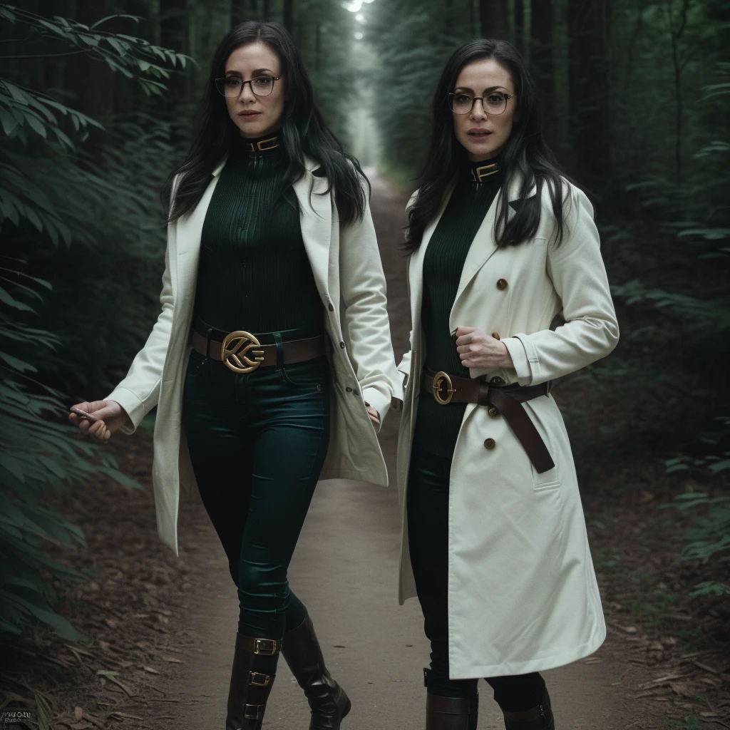 Best_QualityPos, RAW photo, intricate details, best quality, 8k uhd, soft lighting, 1girl, solo, black hair, long hair, Glasses, white coat, green shirt, black pants, brown belt with gold buckle, black boots, Blue eyes, forest