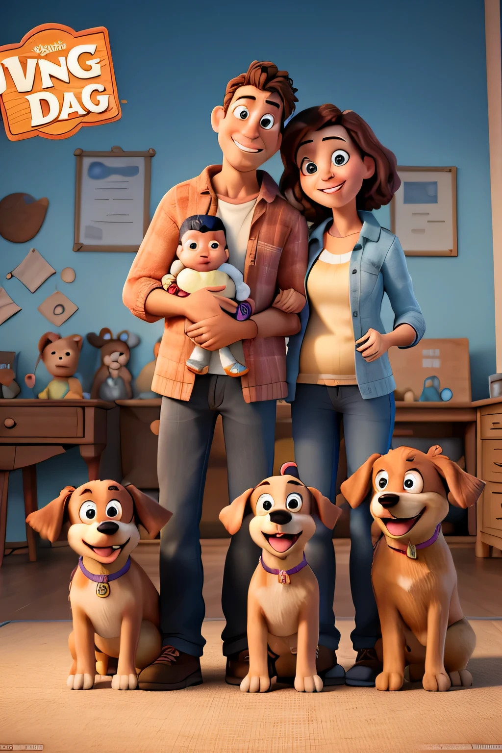 Generate a Disney Pixar-style poster of a mom and dad couple with their baby and two dogs