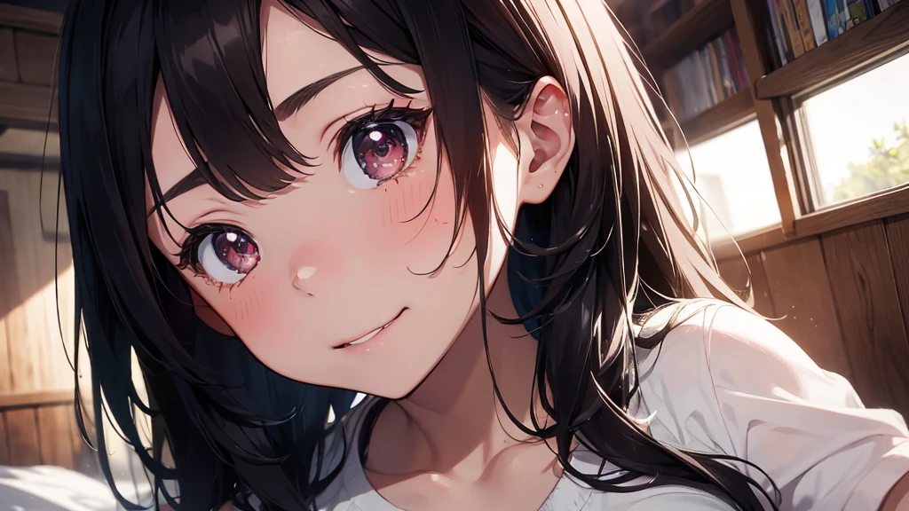 highly detailed, (SFW), portrait, 1 woman,  black hair, nude, (perfect_Face), boundary, close up, mad, exist_Back, Gorgeous, complex, dramatic lighting, detailed_Background, full_Body, Best hair quality, Extra super detailed eyes, Extra high facial detail, side_body, eye reflection, focus on eyes, detailed top eyelashes, high textured skin, (low exposure:1.2), in bed, (after doing something:1.4), (sweat), (steam), (tired), heavy breathing, Smile, (light blush), temptation, flirtatious, atmospheric perspective, caustics, 8K, masterpiece