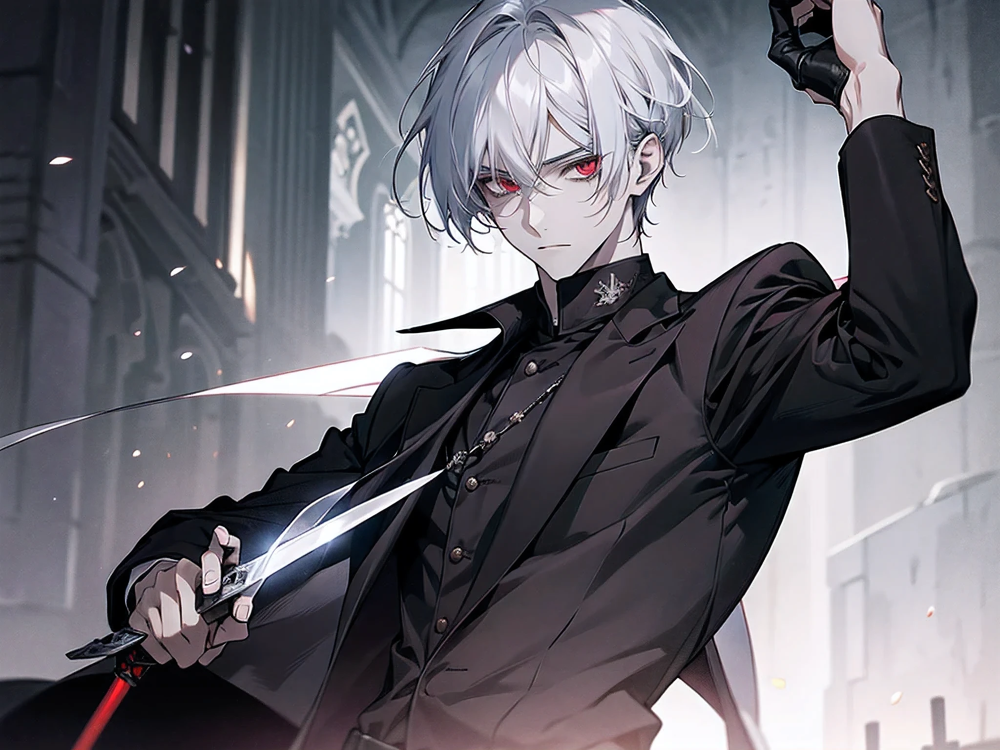 A young man with straight white hair, red eyes and pale skin, dressed in dark clothes, holding a black sword over corpses, extremely detailed eyes, detailed face
