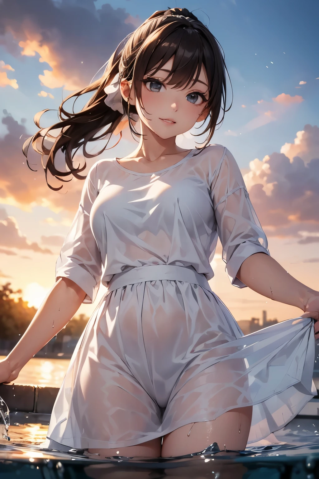 A mature woman in a wet white dress is getting wet in a rush, spraying water from below the surface to above, brown hair ponytail, sunset, masterpiece, beautiful rainbow.