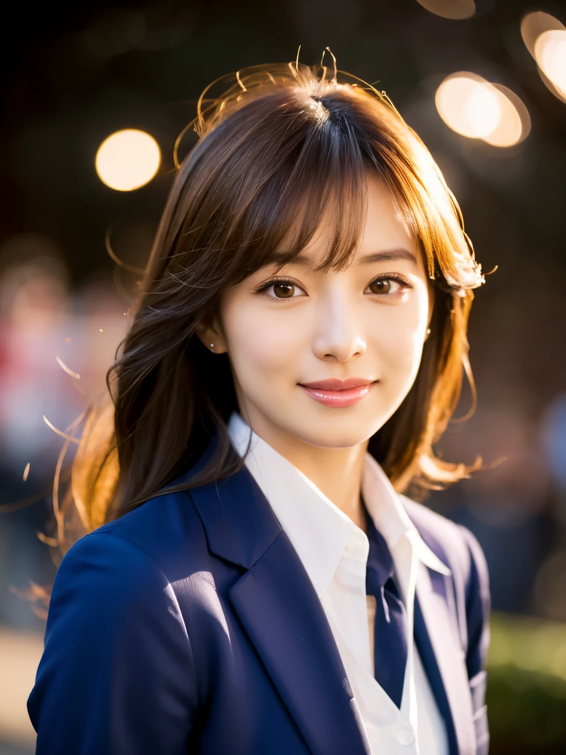 table top、highest quality、genuine、Super detailed、finely、High resolution、8k wallpaper、one beautiful woman、、、light brown disheveled hair、wearing a business suit、sharp focus、perfect dynamic composition、beautiful and detailed eyes、thin hair、Detailed genuine skin texture、smile、close-up portrait、model body shape、In Kyoto at night、On top of the hill where cherry blossoms are falling