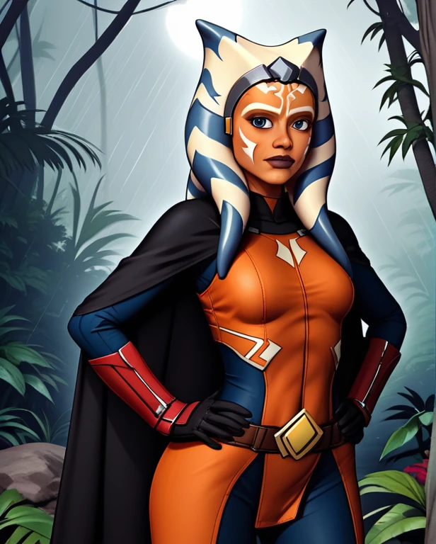 zPDXL, source_anime, BREAK ahsoka tano, cape, armor,black gloves,tight bodysuit,black cape,black pants, BREAK close-up, solo, standing, front view, medium breasts, hands on hips, wide hips, BREAK x3dce, 3d, jungle background, dense vegetation, rain, night, night sky,
