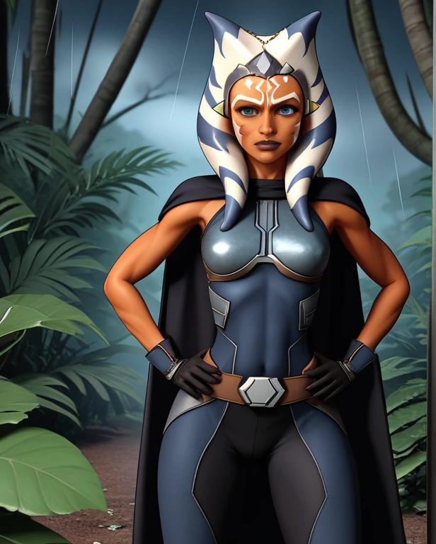 zPDXL, source_anime, BREAK ahsoka tano, cape, armor,black gloves,tight bodysuit,black cape,black pants, BREAK close-up, solo, standing, front view, medium breasts, hands on hips, wide hips, BREAK x3dce, 3d, jungle background, dense vegetation, rain, night, night sky,
