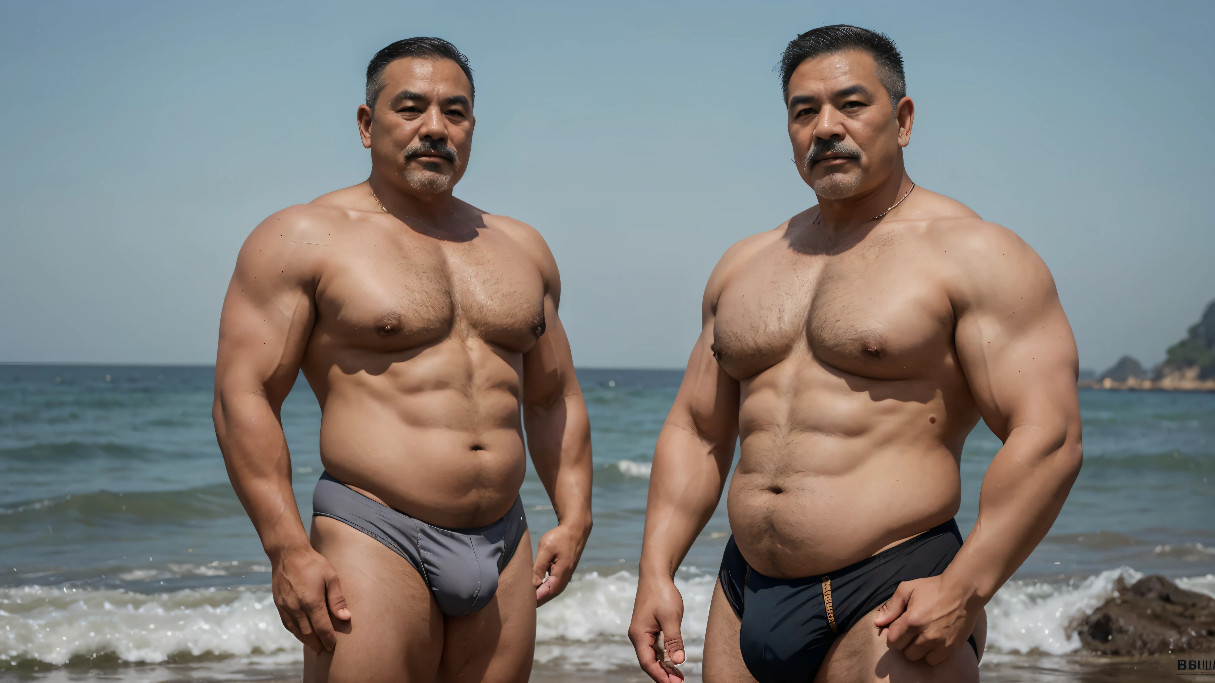 2 Vietnamese grandfathers with gray hair, mature face, a thick mustache, a short chin beard, bear body, wearing a massive bulging gray jockstraps standing at the sea, have belly, big muscular chest, a sexy pose.
