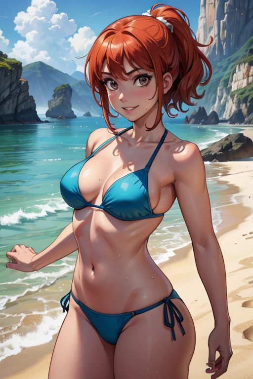 (Mejor calidad,4k,8K,high resolution,obra maestra:1.2), ultra detallado, en rodillas, session,arms behind the back,Takami Chika, bikini,  slightly excited and smiles, muslos, tiro de vaquero, adorno para el pelo, pose aleatoria,mar de fondo,wet