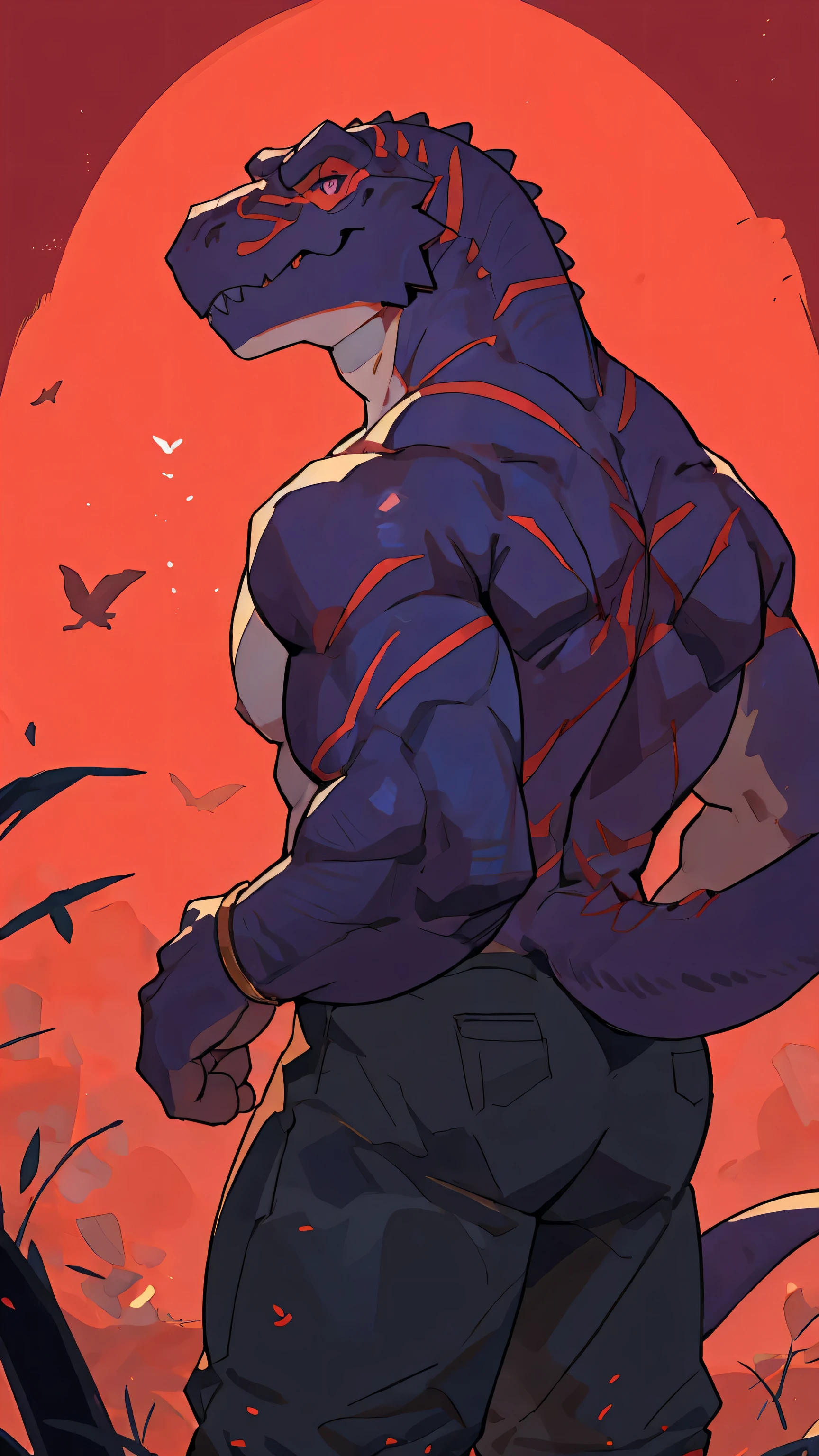 (ByZEphyrus)furry,solo,red-purple, skin tyrannosaurus, detailed eyes, front facing viewer, Muscular,Nude body,Wear jewelry,red background,There is a fruit on the back.,dyed smiley face,Attractive sight,(maximum detail,Backlit,4K) by bebebebebe by goonie-san by dangpa, grabing bulging boner, hard bulge, tyrannosaurus tale