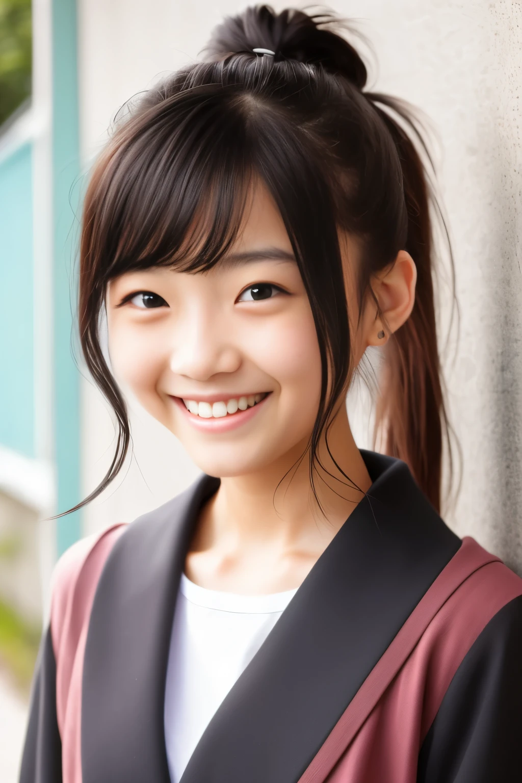 (highest quality, masterpiece), (beautiful japanese girl), (freckles:0.6), ponytail, smile, Publicity photo